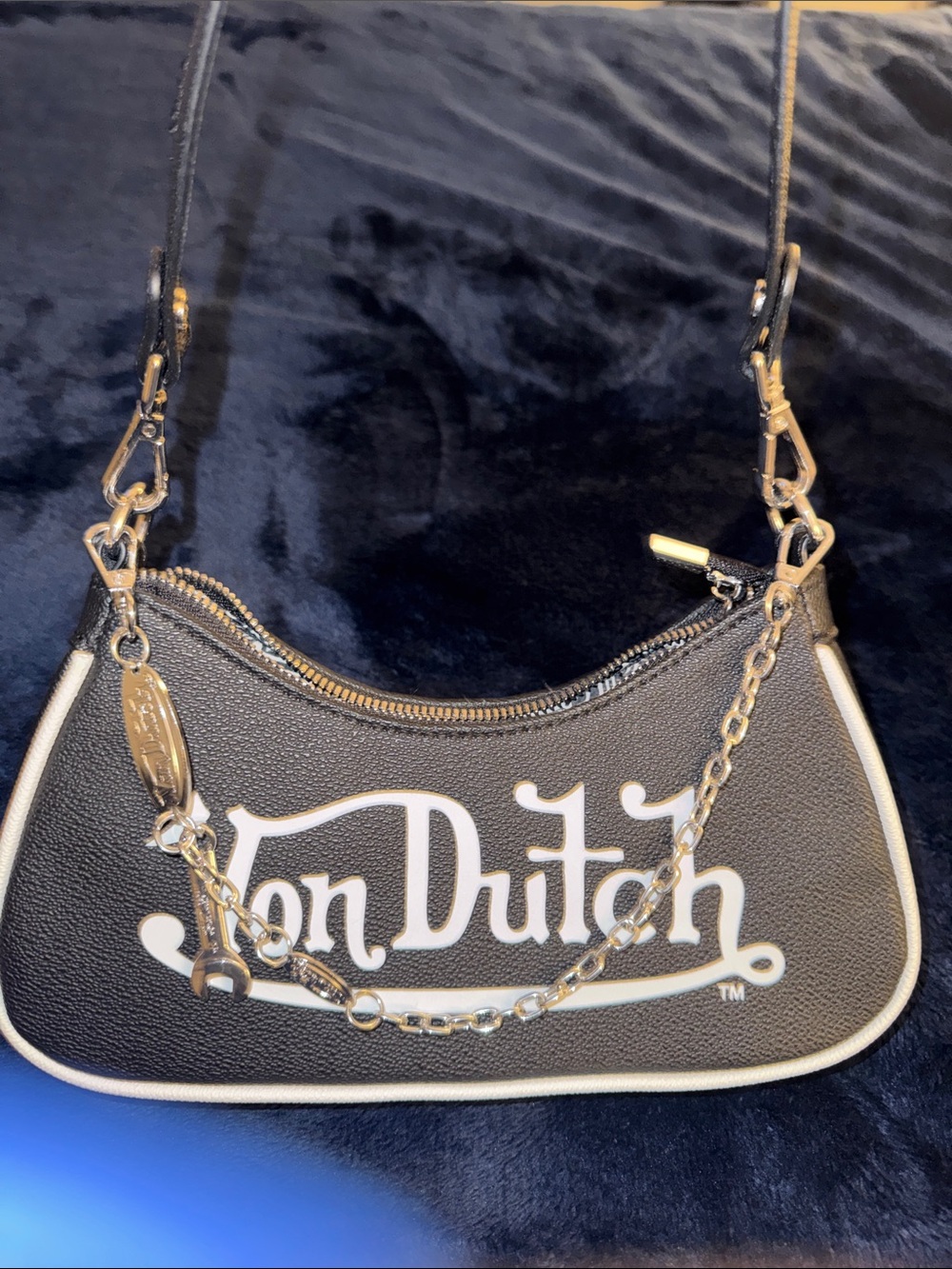 Von Dutch Black Shoulder Bag with White Logo and Gold Chain